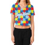 Custom Womens Autism Awareness Puzzle Pieces 3D V-Neck Cropped Baseball Jersey - White-Light Blue Custom Women's Autism Awareness - Image 2