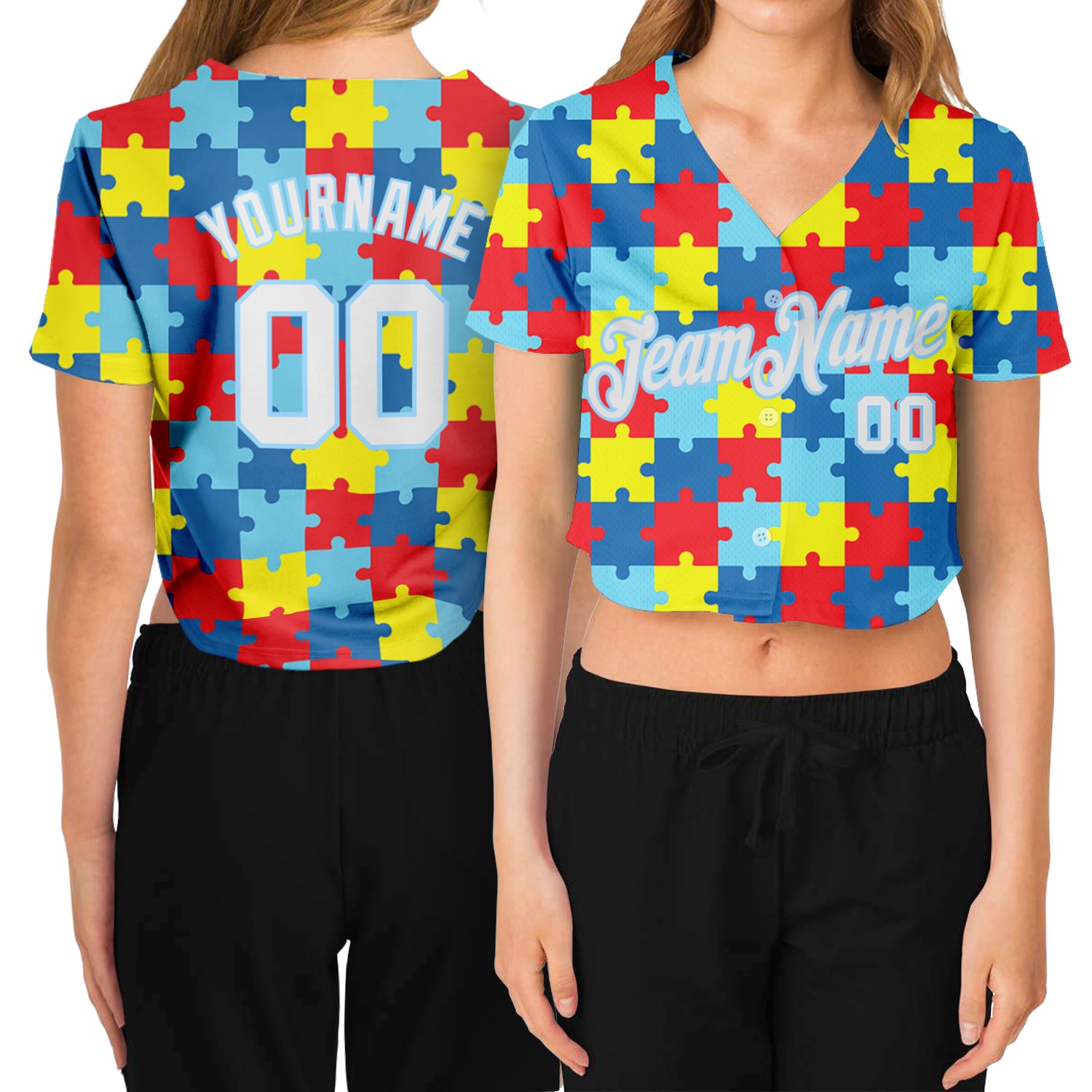 Custom Womens Autism Awareness Puzzle Pieces 3D V-Neck Cropped Baseball Jersey - White-Light Blue Custom Women's Autism Awareness