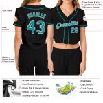 Custom Womens Black Aqua White V-Neck Cropped Baseball Jersey 即将到来 Custom Women's Black Aqua-White V-Neck Cropped Baseball - Image 3