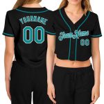 Custom Womens Black Aqua White V-Neck Cropped Baseball Jersey 即将到来 Custom Women's Black Aqua-White V-Neck Cropped Baseball