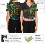 Custom Womens Black-Gold Tropical Plants 3D V-Neck Jersey, Cropped Baseball Style Custom Women's Black Black-Gold Tropical - Image 3