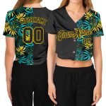 Custom Womens Black-Gold Tropical Plants 3D V-Neck Jersey, Cropped Baseball Style Custom Women's Black Black-Gold Tropical