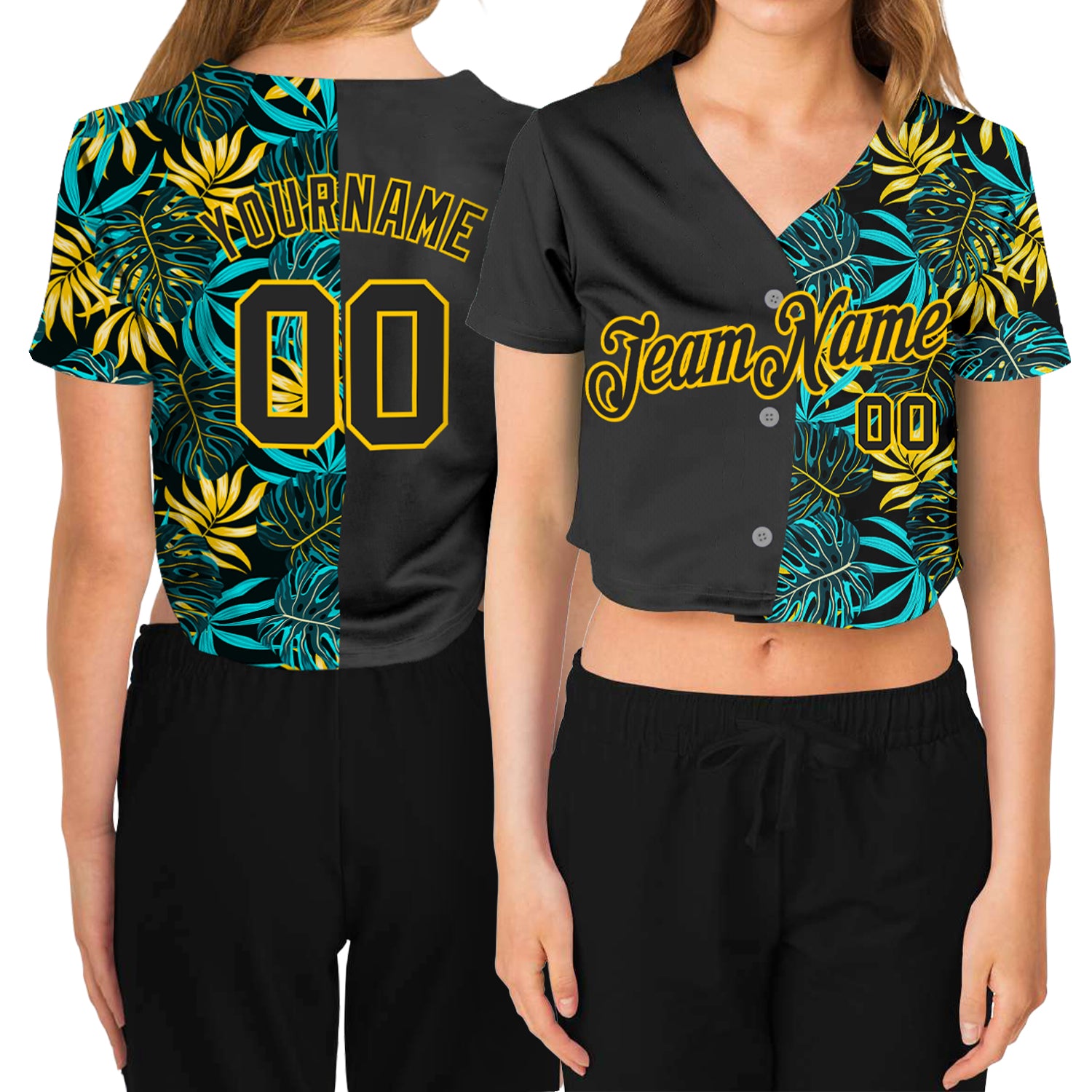 Custom Womens Black-Gold Tropical Plants 3D V-Neck Jersey, Cropped Baseball Style Custom Women's Black Black-Gold Tropical