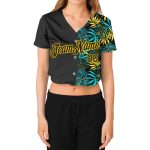 Custom Womens Black-Gold Tropical Plants 3D V-Neck Jersey, Cropped Baseball Style Custom Women's Black Black-Gold Tropical - Image 2