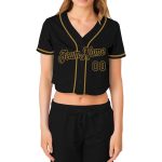 Custom Womens Black Old Gold V-Neck Cropped Baseball Jersey Outfit Custom Women's Black Black-Old Gold V-Neck Cropped Baseball - Image 2