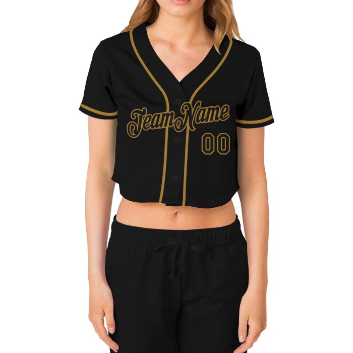 Custom Womens Black Old Gold V-Neck Cropped Baseball Jersey Outfit Custom Women's Black Black-Old Gold V-Neck Cropped Baseball - Image 2