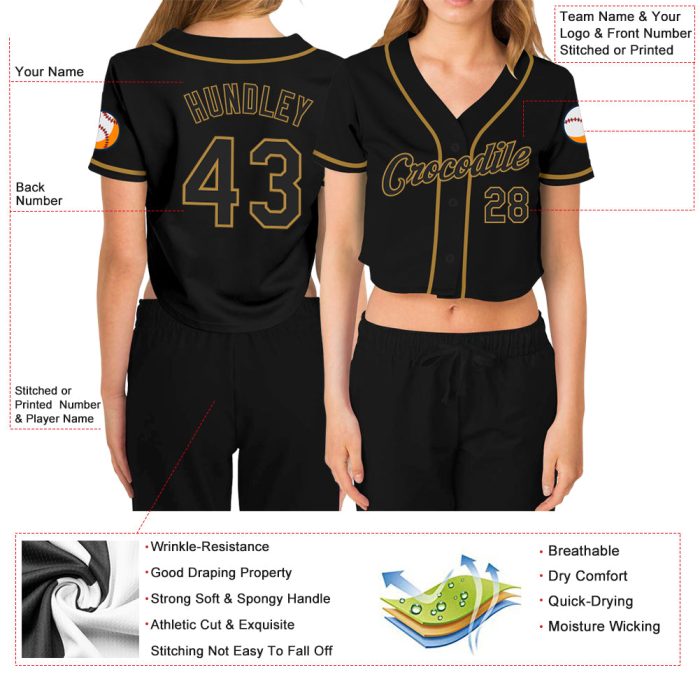Custom Womens Black Old Gold V-Neck Cropped Baseball Jersey Outfit Custom Women's Black Black-Old Gold V-Neck Cropped Baseball - Image 3