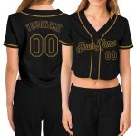 Custom Womens Black Old Gold V-Neck Cropped Baseball Jersey Outfit Custom Women's Black Black-Old Gold V-Neck Cropped Baseball