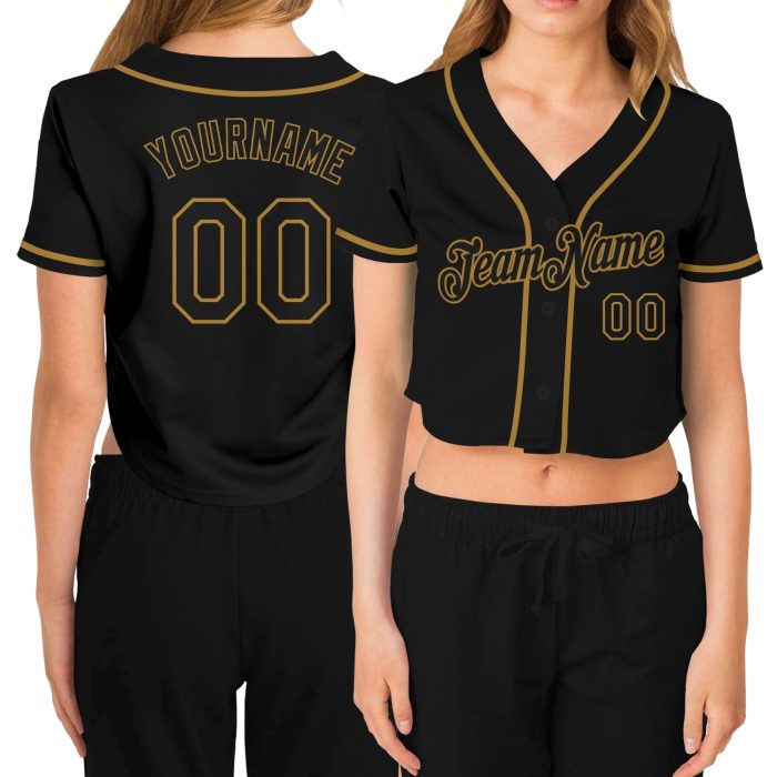 Custom Womens Black Old Gold V-Neck Cropped Baseball Jersey Outfit Custom Women's Black Black-Old Gold V-Neck Cropped Baseball - Image 1