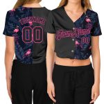 Custom Womens Black Pink Flamingo 3D V-Neck Cropped Baseball Jersey Custom Women's Black Black-Pink Flamingo 3D V-Neck Cropped