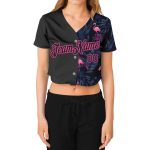 Custom Womens Black Pink Flamingo 3D V-Neck Cropped Baseball Jersey Custom Women's Black Black-Pink Flamingo 3D V-Neck Cropped - Image 2