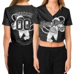 Custom Womens Black White 3D Astronaut V-Neck Cropped Jersey Baseball Shirt Custom Women's Black Black-White Astronaut 3D