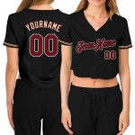 Womens Custom Black Crimson-City V-Neck Cropped Baseball Jersey Custom Women's Black Crimson-City Cream V-Neck Cropped Baseball