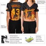 Custom Womens Black Gold Red Flame 3D V-Neck Baseball Jersey Cropped Style Custom Women's Black Gold-Red Flame 3D V-Neck - Image 3