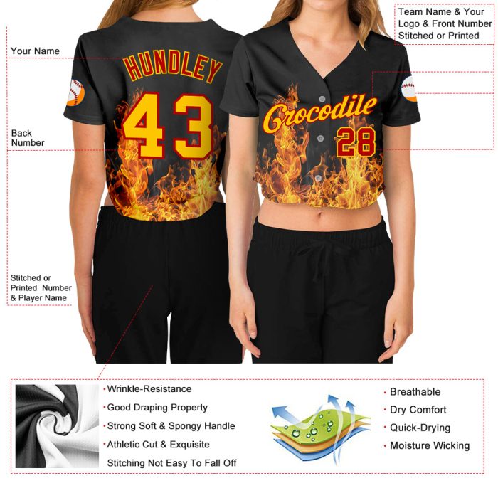 Custom Womens Black Gold Red Flame 3D V-Neck Baseball Jersey Cropped Style Custom Women's Black Gold-Red Flame 3D V-Neck - Image 3