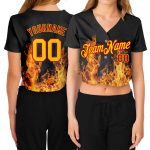 Custom Womens Black Gold Red Flame 3D V-Neck Baseball Jersey Cropped Style Custom Women's Black Gold-Red Flame 3D V-Neck