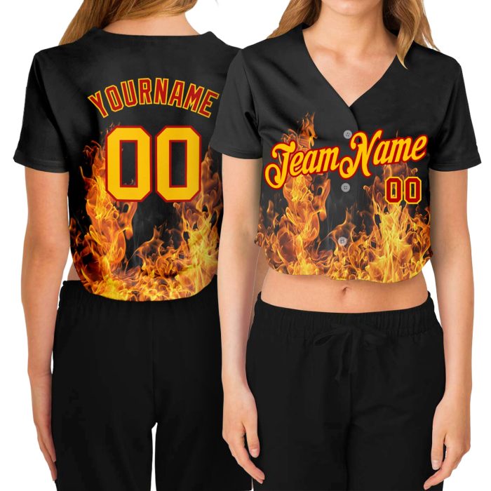Custom Womens Black Gold Red Flame 3D V-Neck Baseball Jersey Cropped Style Custom Women's Black Gold-Red Flame 3D V-Neck - Image 1