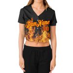 Custom Womens Black Gold Red Flame 3D V-Neck Baseball Jersey Cropped Style Custom Women's Black Gold-Red Flame 3D V-Neck - Image 2