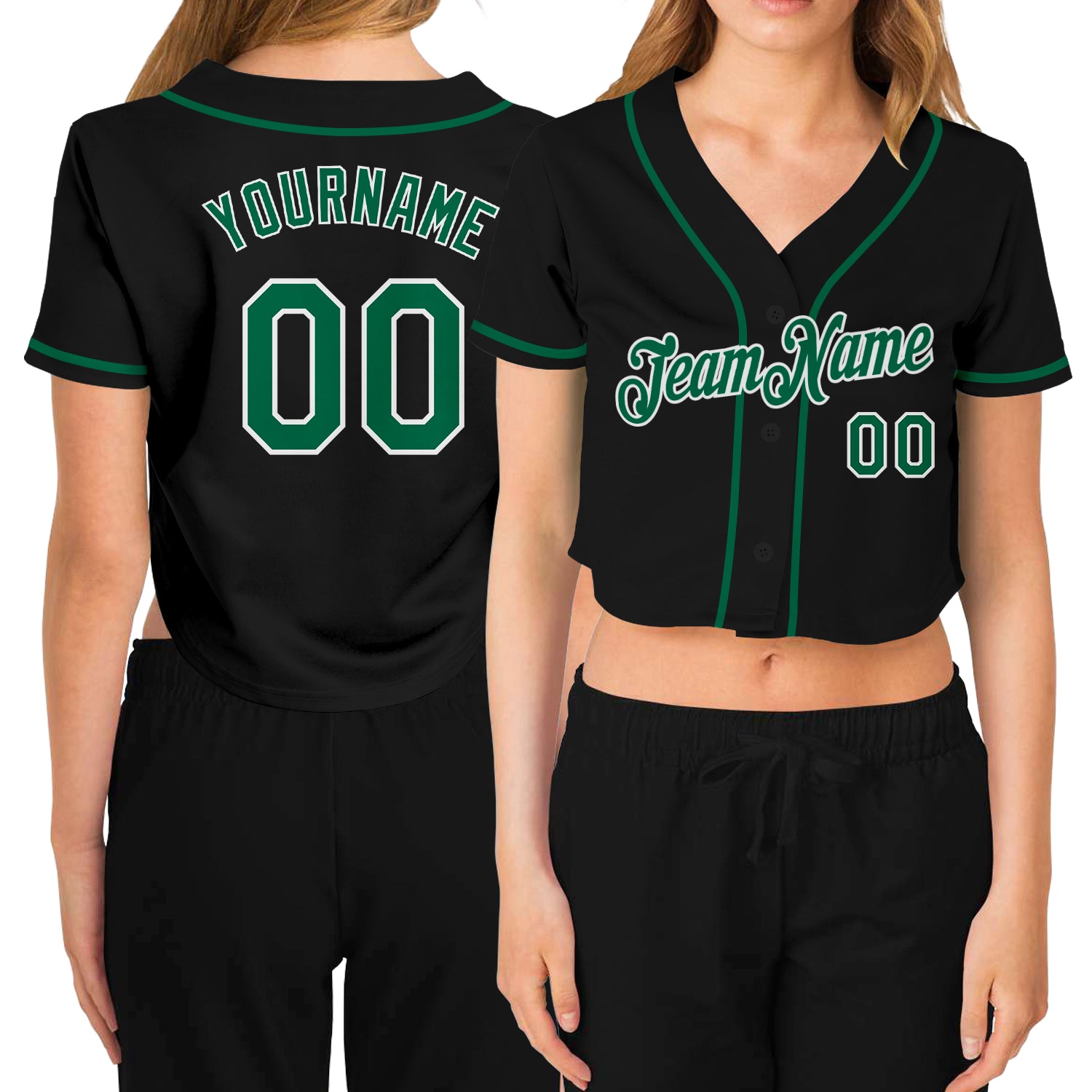 Custom Womens V-Neck Cropped Baseball Jersey Black Kelly Green White Custom Women's Black Kelly Green-White V-Neck Cropped