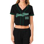 Custom Womens V-Neck Cropped Baseball Jersey Black Kelly Green White Custom Women's Black Kelly Green-White V-Neck Cropped - Image 2