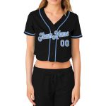 Custom Womens V-Neck Baseball Jersey - Black Light Blue White Cropped Design Custom Women's Black Light Blue-White V-Neck - Image 2