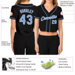 Custom Womens V-Neck Baseball Jersey - Black Light Blue White Cropped Design Custom Women's Black Light Blue-White V-Neck - Image 3
