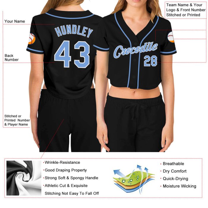 Custom Womens V-Neck Baseball Jersey - Black Light Blue White Cropped Design Custom Women's Black Light Blue-White V-Neck - Image 3