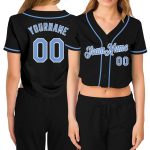 Custom Womens V-Neck Baseball Jersey - Black Light Blue White Cropped Design Custom Women's Black Light Blue-White V-Neck