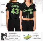 Custom Womens V-Neck Cropped Baseball Jersey - Black Neon Green White Design Custom Women's Black Neon Green-White V-Neck - Image 3