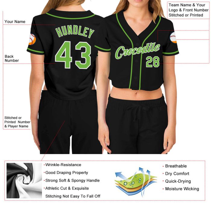 Custom Womens V-Neck Cropped Baseball Jersey - Black Neon Green White Design Custom Women's Black Neon Green-White V-Neck - Image 3