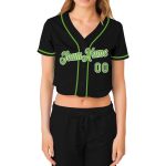 Custom Womens V-Neck Cropped Baseball Jersey - Black Neon Green White Design Custom Women's Black Neon Green-White V-Neck - Image 2
