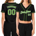 Custom Womens V-Neck Cropped Baseball Jersey - Black Neon Green White Design Custom Women's Black Neon Green-White V-Neck
