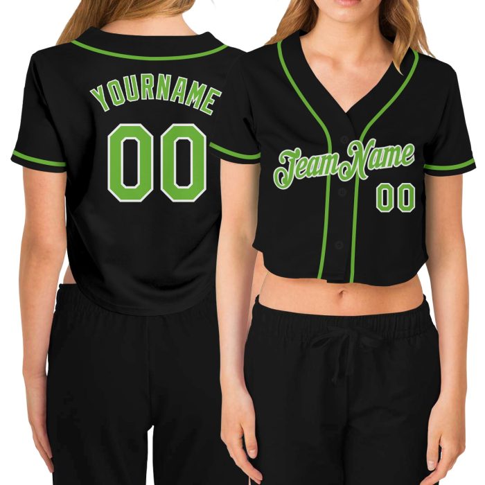 Custom Womens V-Neck Cropped Baseball Jersey - Black Neon Green White Design Custom Women's Black Neon Green-White V-Neck - Image 1