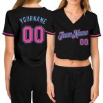 Custom Womens V-Neck Baseball Jersey - Black and Pink-Light Blue Cropped Style Custom Women's Black Pink-Light Blue V-Neck