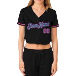 Custom Womens V-Neck Baseball Jersey - Black and Pink-Light Blue Cropped Style Custom Women's Black Pink-Light Blue V-Neck - Image 2