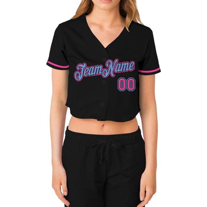 Custom Womens V-Neck Baseball Jersey - Black and Pink-Light Blue Cropped Style Custom Women's Black Pink-Light Blue V-Neck - Image 2