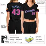 Custom Womens V-Neck Baseball Jersey - Black and Pink-Light Blue Cropped Style Custom Women's Black Pink-Light Blue V-Neck - Image 3