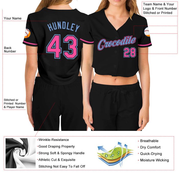 Custom Womens V-Neck Baseball Jersey - Black and Pink-Light Blue Cropped Style Custom Women's Black Pink-Light Blue V-Neck - Image 3