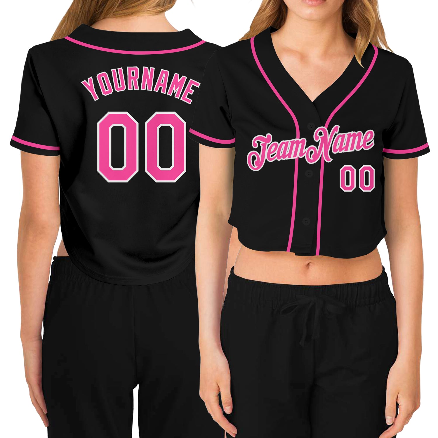 Custom Womens V-Neck Baseball Jersey Black Pink-White Cropped Design Custom Women's Black Pink-White V-Neck Cropped Baseball