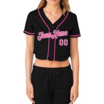 Custom Womens V-Neck Baseball Jersey Black Pink-White Cropped Design Custom Women's Black Pink-White V-Neck Cropped Baseball - Image 2