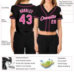 Custom Womens V-Neck Baseball Jersey Black Pink-White Cropped Design Custom Women's Black Pink-White V-Neck Cropped Baseball - Image 3