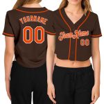 Custom Womens Baseball Jersey V-Neck Cropped Brown Orange-White Design Custom Women's Brown Orange-White V-Neck Cropped Baseball