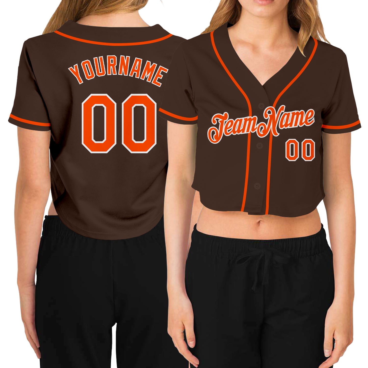 Custom Women's Brown Orange-White V-Neck Cropped Baseball Jersey Custom Womens Baseball Jersey V-Neck Cropped Brown Orange-White Design Custom Women's Brown Orange-White V-Neck Cropped Baseball - Image 1