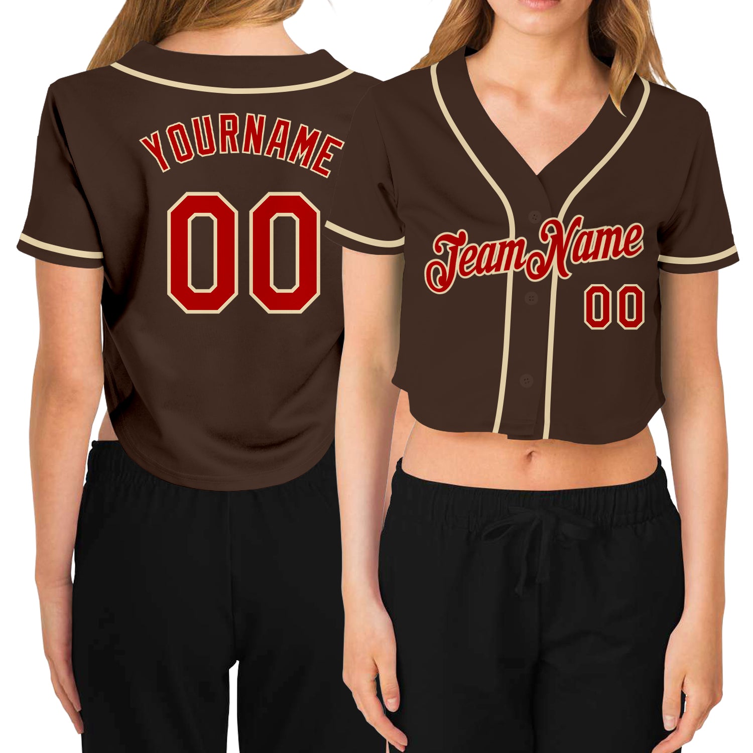 Custom Womens V-Neck Cropped Baseball Jersey in Brown Red-Cream Custom Women's Brown Red-Cream V-Neck Cropped Baseball Jersey
