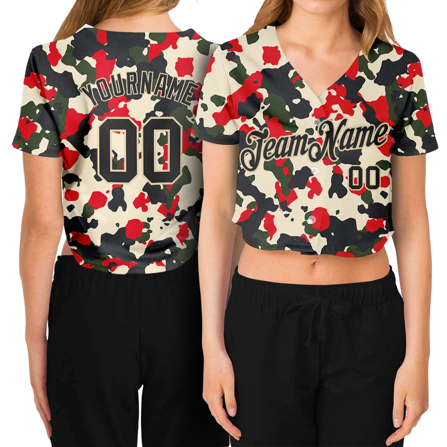 Custom Womens Black Cream Camo Salute to Service V-Neck Cropped Baseball Jersey Custom Women's Camo Black-Cream Salute To