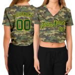 Womens Camo Green Gold Salute to Service V-Neck Cropped Baseball Jersey Custom Custom Women's Camo Green-Gold Salute To Service