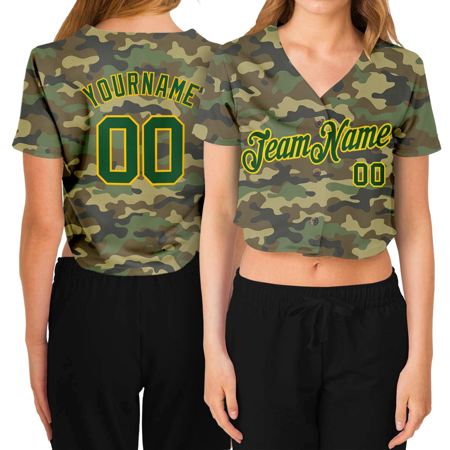 Custom Women's Camo Green-Gold Salute To Service V-Neck Cropped Baseball Jersey Womens Camo Green Gold Salute to Service V-Neck Cropped Baseball Jersey Custom Custom Women's Camo Green-Gold Salute To Service - Image 1