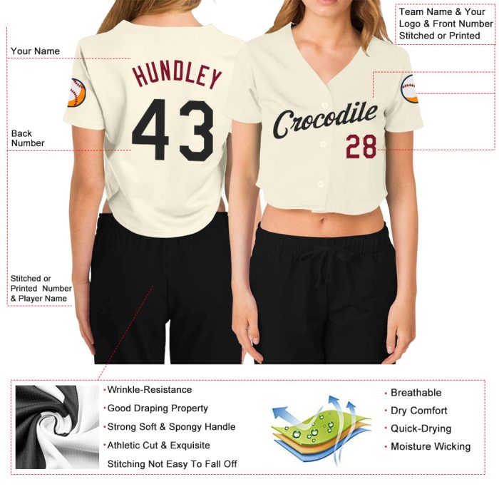 Custom Womens V-Neck Cropped Baseball Jersey - Cream Black Crimson Custom Women's Cream Black-Crimson V-Neck Cropped Baseball - Image 3