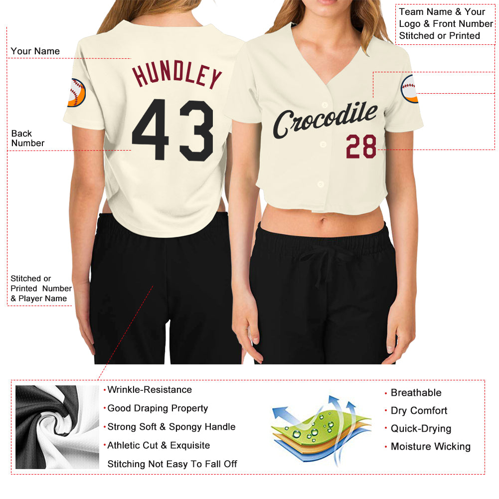 Custom Women's Cream Black-Crimson V-Neck Cropped Baseball Jersey Custom Womens V-Neck Cropped Baseball Jersey - Cream Black Crimson Custom Women's Cream Black-Crimson V-Neck Cropped Baseball - Image 3
