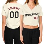 Custom Womens V-Neck Cropped Baseball Jersey - Cream Black Crimson Custom Women's Cream Black-Crimson V-Neck Cropped Baseball